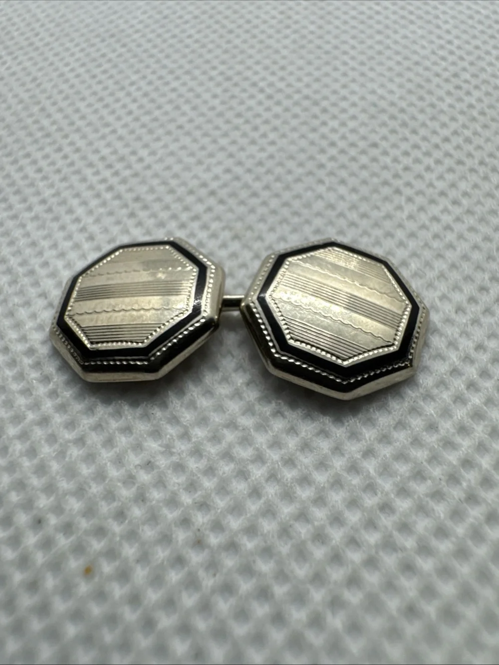 Antique Art Deco 14K White Gold Enamel Guilloche Engraved Cufflinks 3.79g